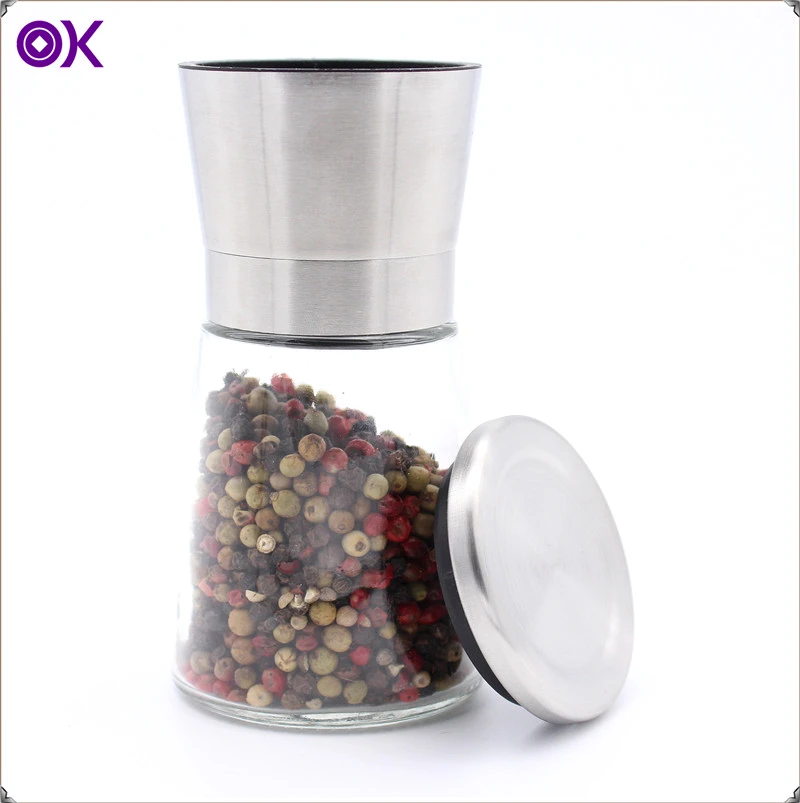 glass bottle salt and pepper mill grinder set with stainless steel cover and metal stand