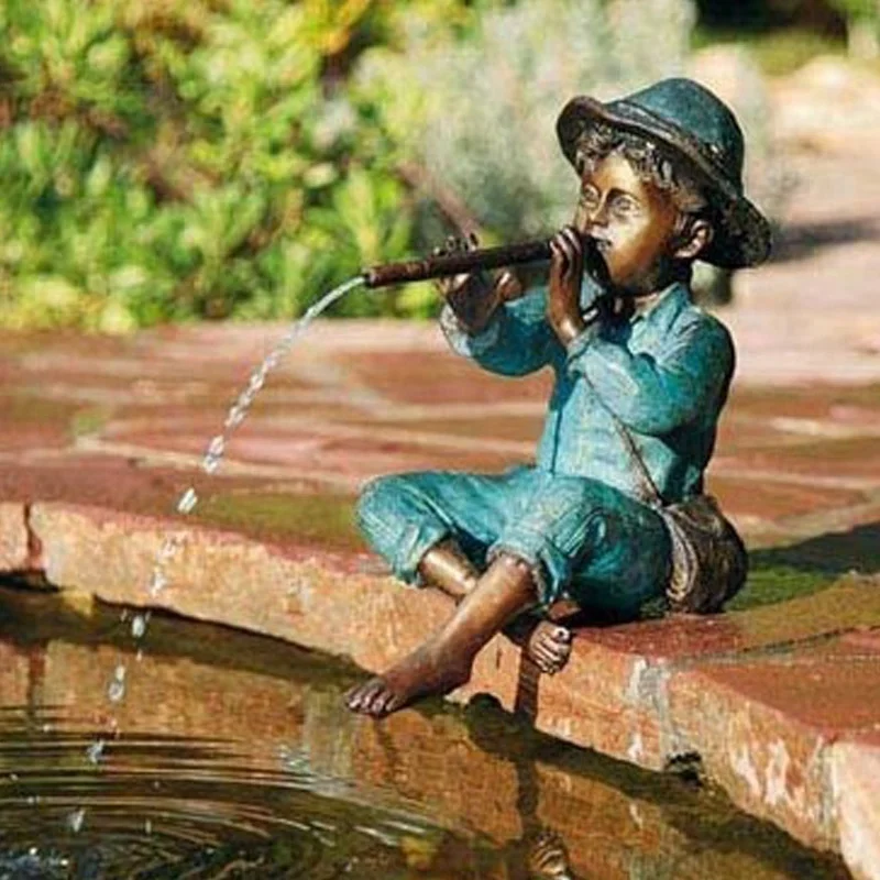 
Boy Playing Flute Bronze Garden Statue Fountain 