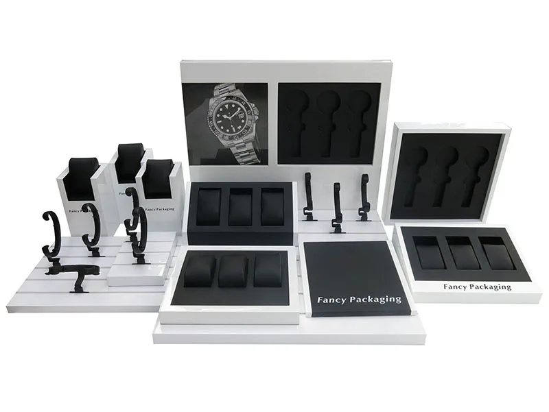 Luxury watch display sets, C clips and pillows display holders new design custom logo wood watch display stand