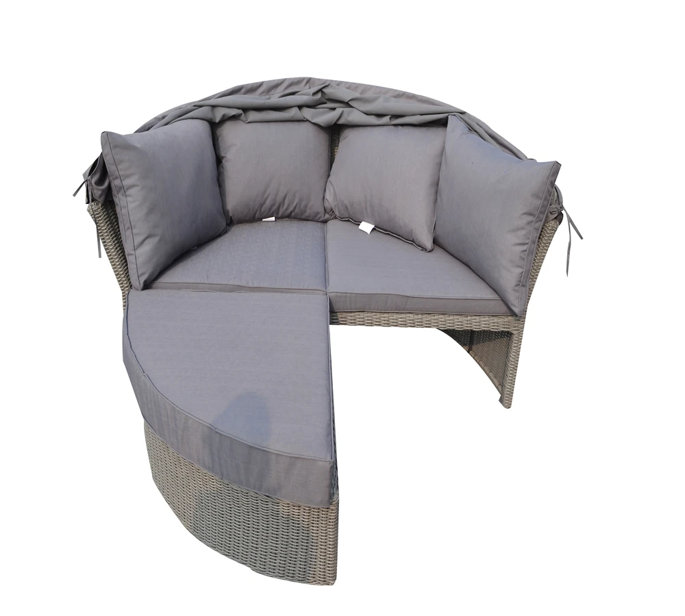 Round Sofa Bed Plastic Rattan Weave Outdoor Casual Garden Furniture Daybed with Canopy