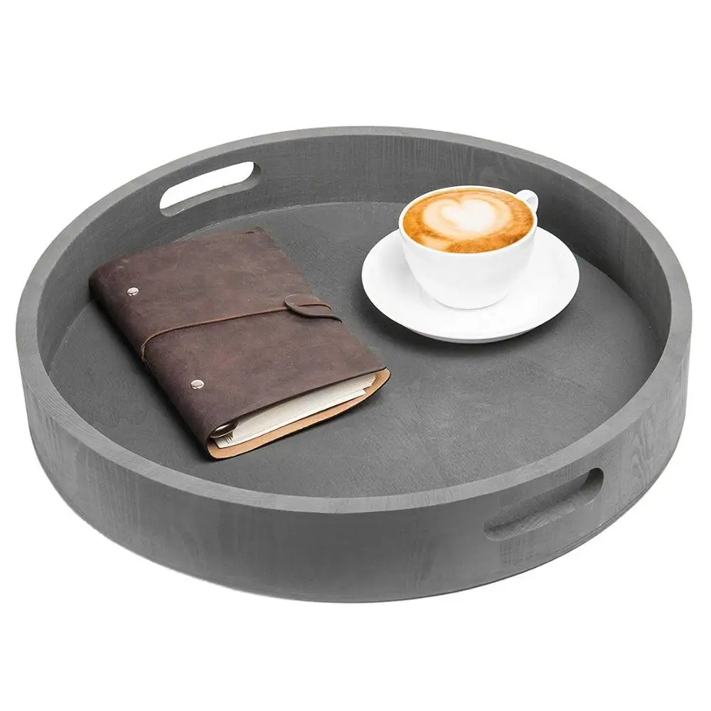 Round Nesting Charcoal Gray Wood Serving Trays Set of 2