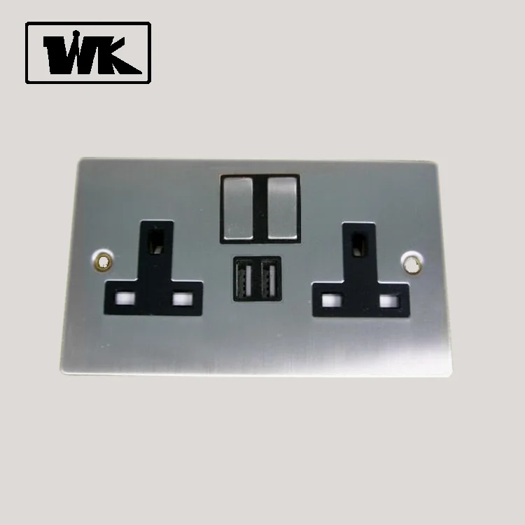 
 Stainless Steel 2 Gang 13A BS Wall Switched Socket with USB Power Outlet (2100mA) Double USB Wall Socket  
