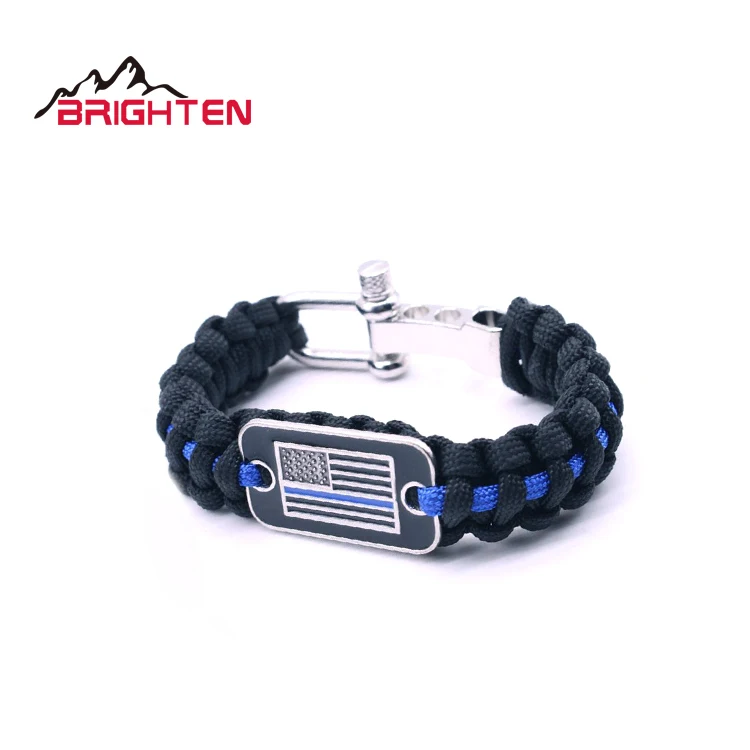 Custom Stainless Steel Shackle Adjustable Flag Customized Survival Thin Blue Line Paracord Bracelet