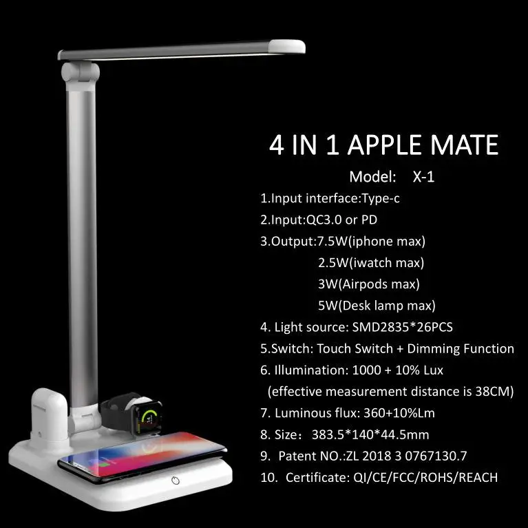 Smart foldable LED desk light lamp wireless charger for watch phone headset