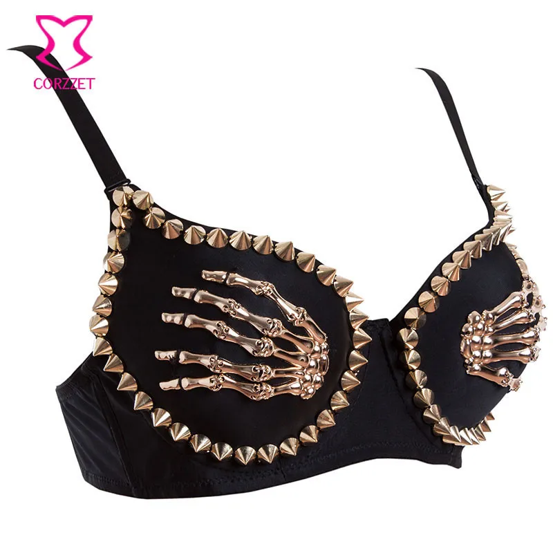Corzzet Black Skull Hand Rivet Sexy Push Up Gothic Rock Pun bra