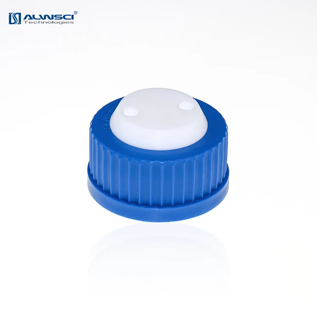 Plastic blue GL45 safety cap with two holes for 1/8 inch OD tubing.