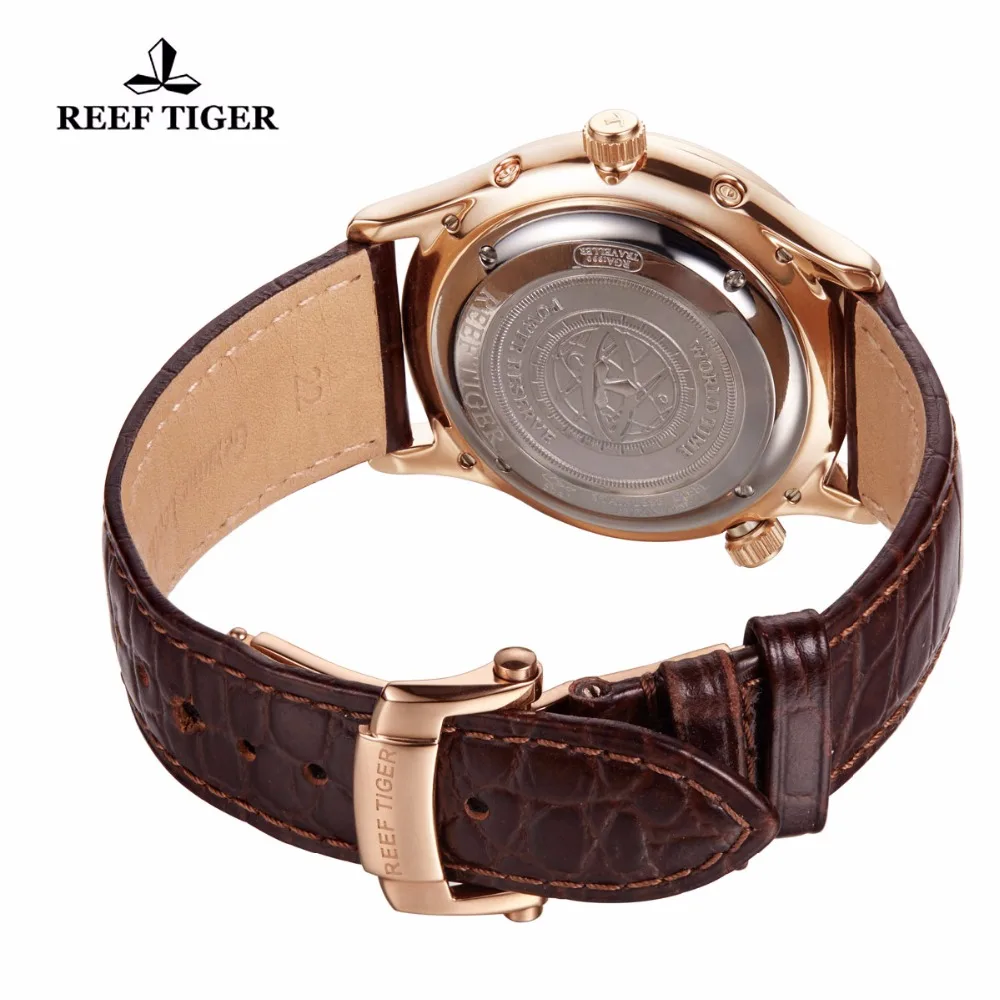 
Reef Tiger Automatic Wristwatches Men Watch With World Time Black Dial Black Bracelet Rose Gold Watch Case RGA1951 