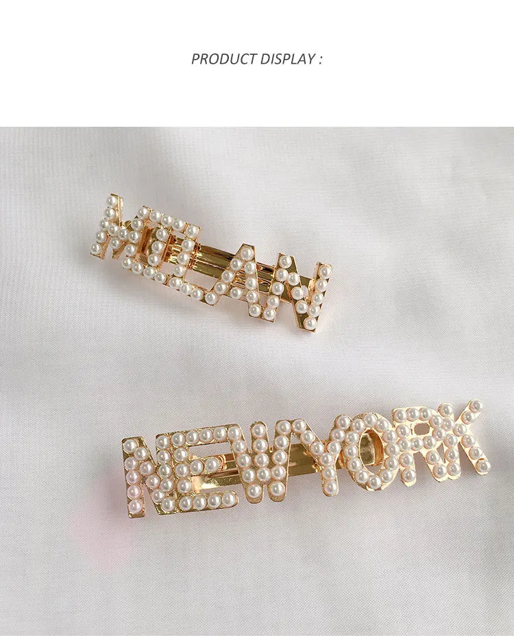 2021, AHC19713, оптовая продажа, новая мода, недорогая заколка для волос со словами, Париж, Нью-Йорк, жемчужины, Золотая заколка для волос для женщин и девочек