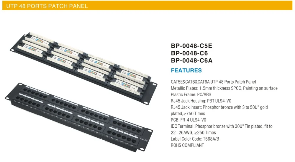 UTP 48 PORTS PATCH PANEL CAT5E CAT6 CAT6A UTP 48 PORTS PATCH PANEL keystone jack cat6 cable management telecom parts