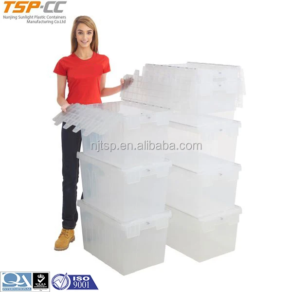 Attached Lids Security Crates, Plastic moving crate sale, plastic crates