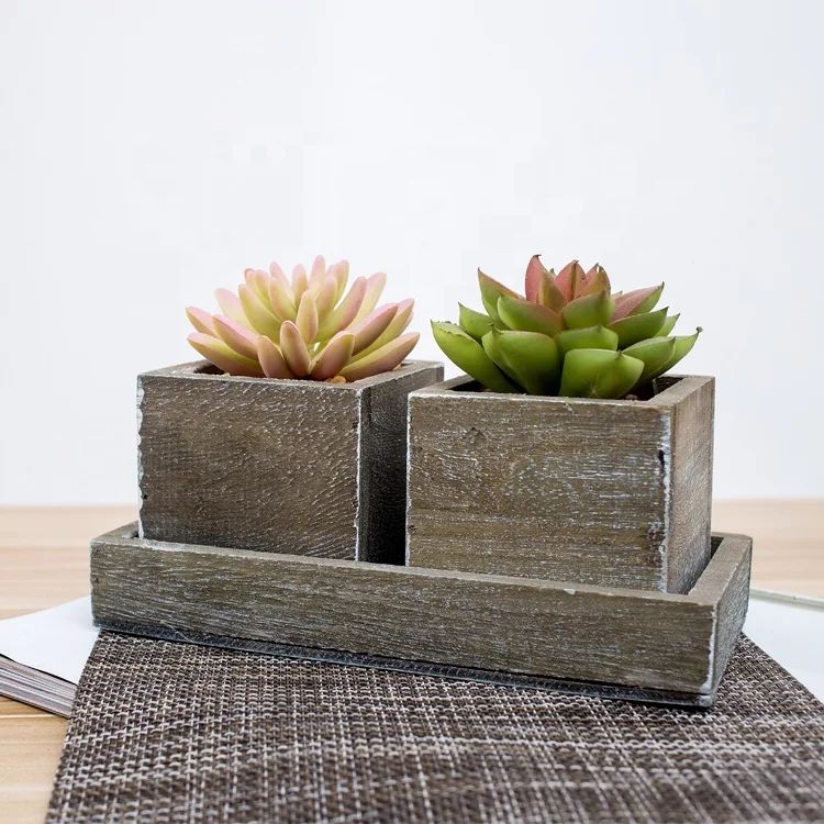 Cheap Artificial Potted Mini Plastic Flower Plant in Rectangle Wooden Planter for Decoration