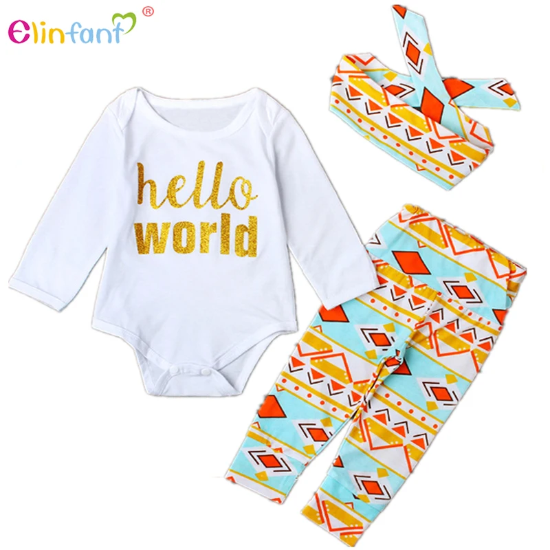 Elinfant Новорожденные девочки-подростки Печать Romper Длинные брюки с Bowknot Обложка Комплект одежды для ребенка