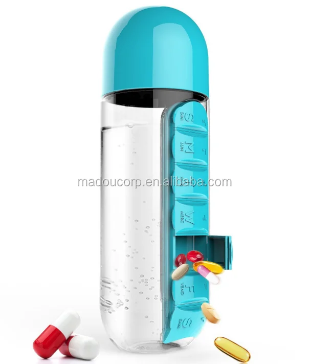 Madou Portable Water Bottle With Weekly Pill Organizer 600ml Pills Organizer Pill Box With 7 Day Weekly Water Bottle For Travel