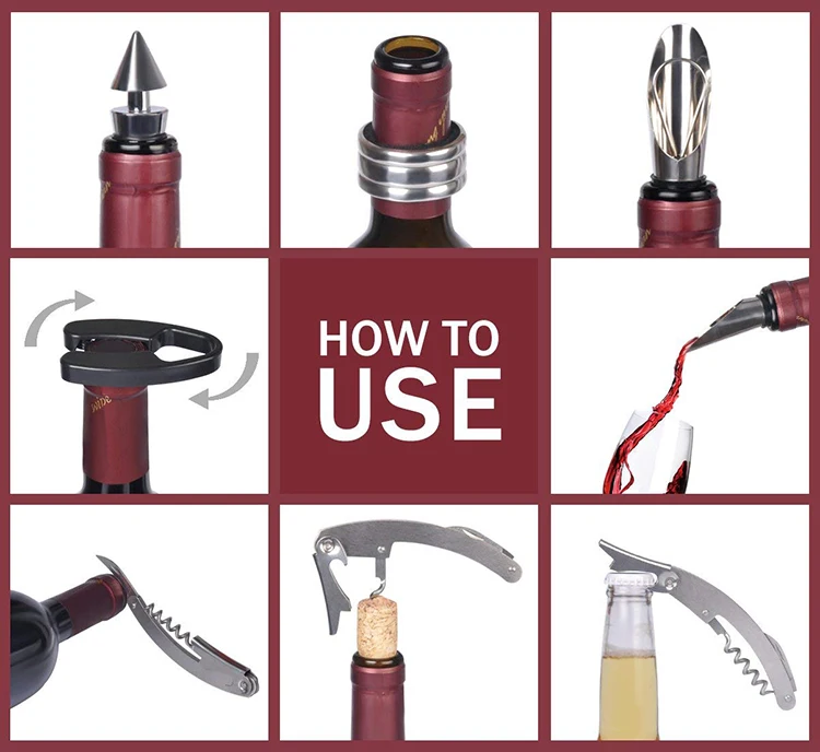 Wine Accessory Tool Gift Set with Pourer Collar Cork-Screw Stopper Cutter