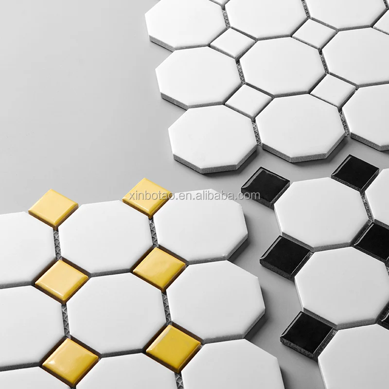 
Geometric black and white bathroom ceramic mosaic octagonal floor tile on sale 