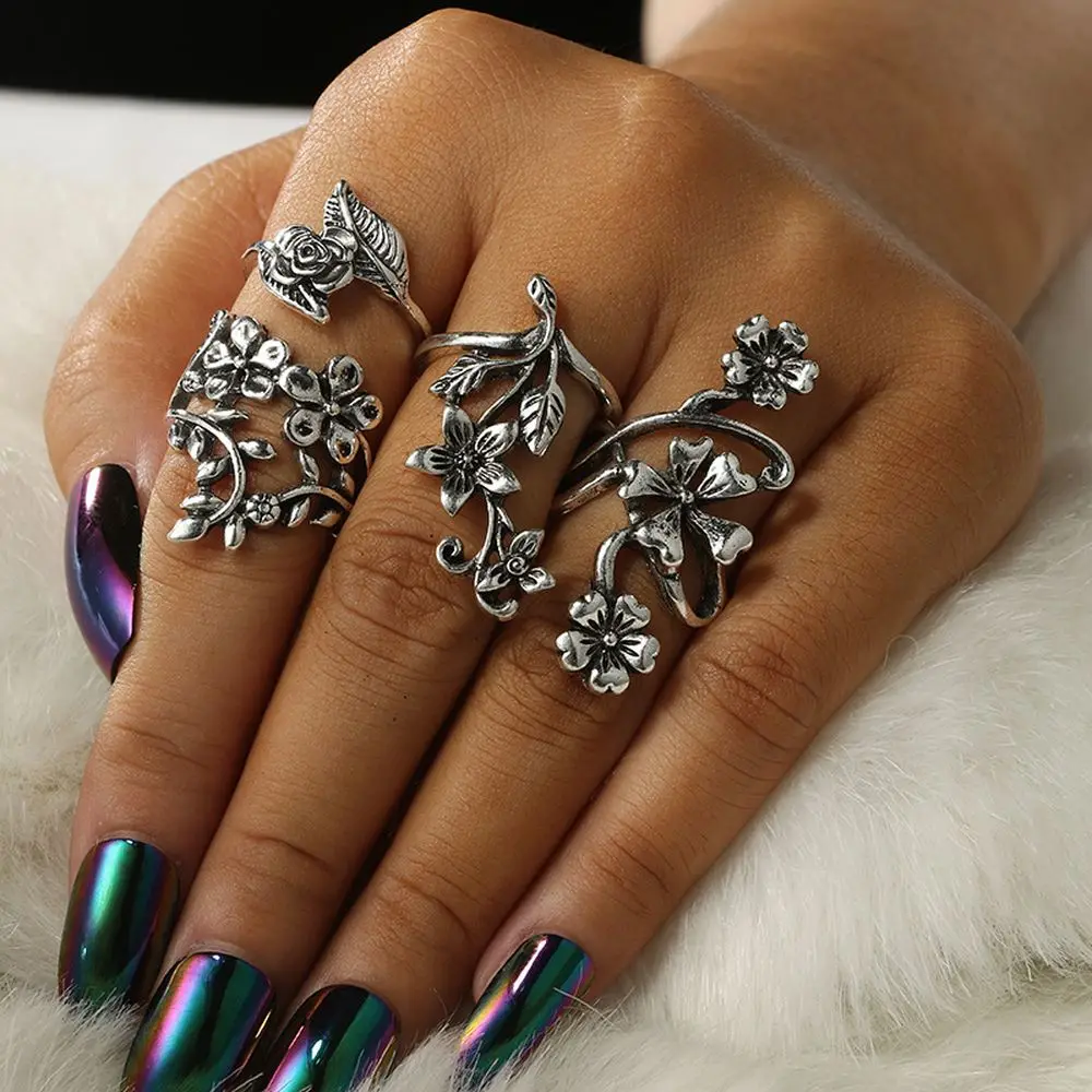 
New Fashion Women Jewelry Antique 4pcs Sliver Vine Leaf Flower Ring Set 