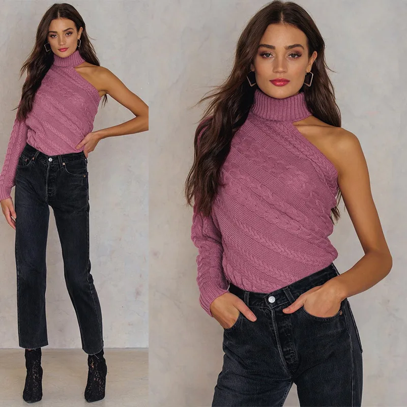 Turtleneck One Shoulder Knitted Sweater Women Fashion Twist Pullovers Female Sexy Autumn Winter Sweater