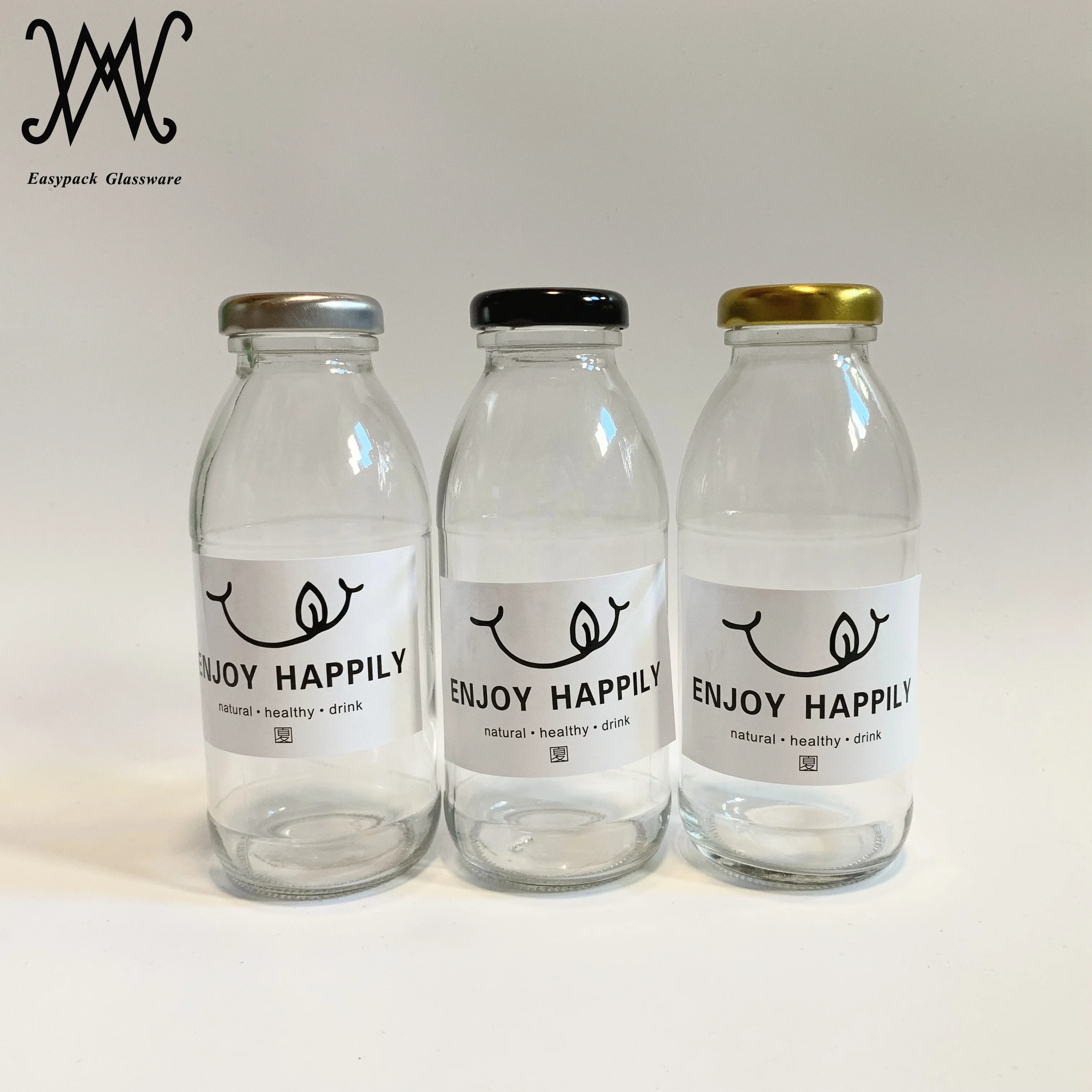 300ml high quality glass milk tea beverage bottle with metal lid korean free label