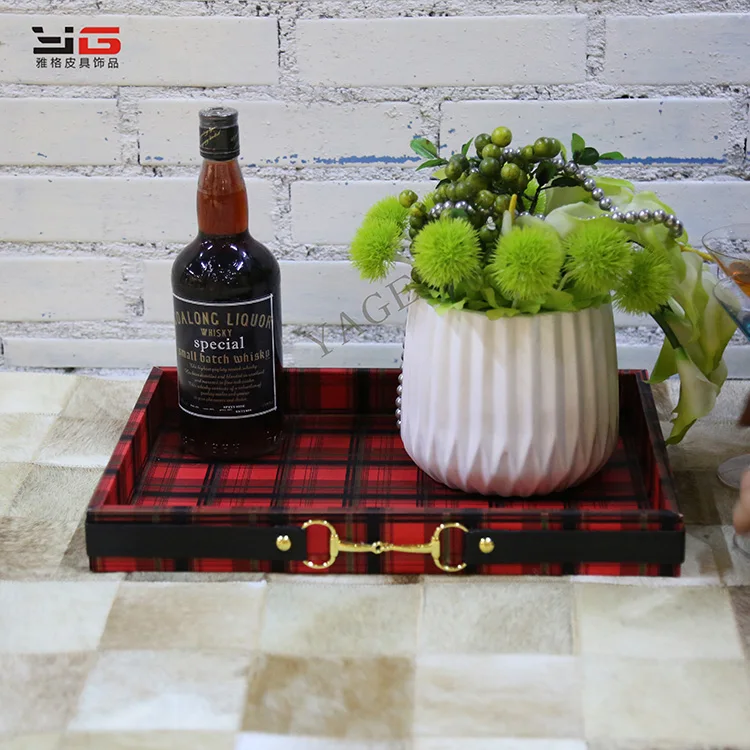 
Red plaid and dark brownleather buckle tray 