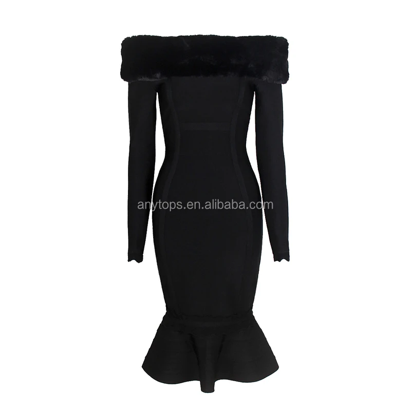 Own Design Western Women Black Long Sleeve Lady Fishtail custom made evening dress Fur Trim Dresses 2019 bandage dress