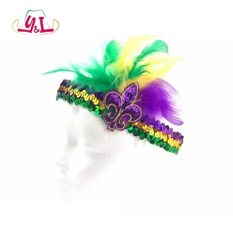Mardi Gras Throws Feather Sequin Headband Fleur De Lis