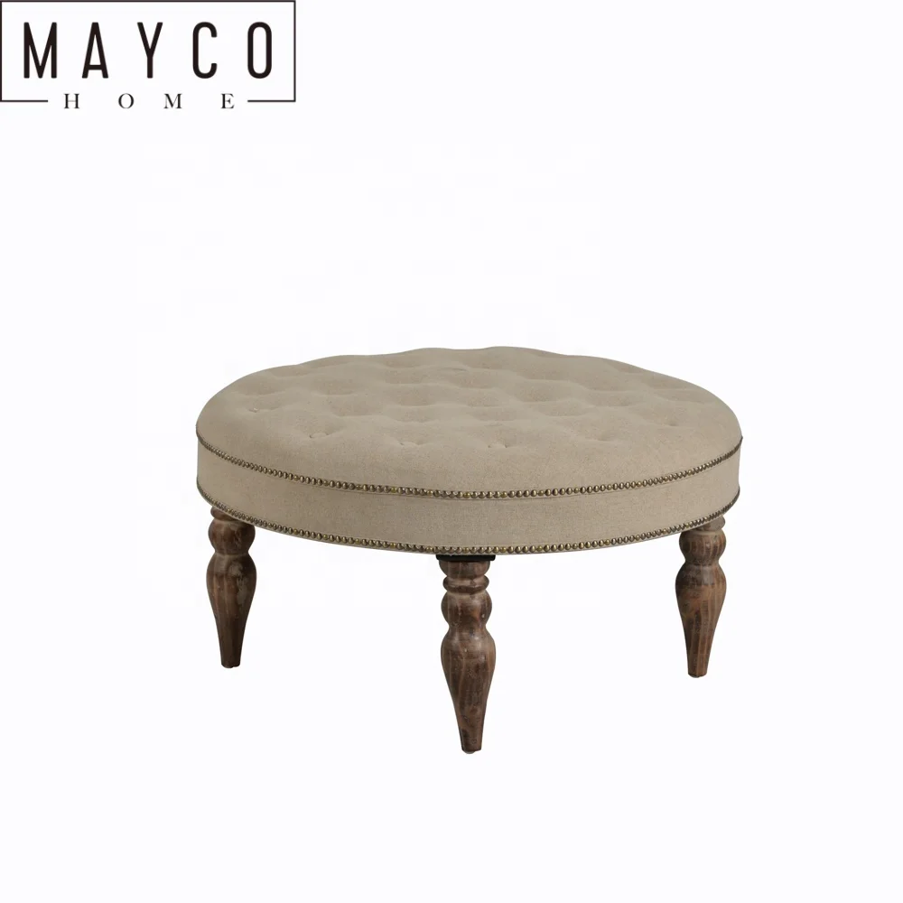Mayco Ottoman Furniture Button Tufted Beige Linen Round Accent Ottoman Foot Stool Large