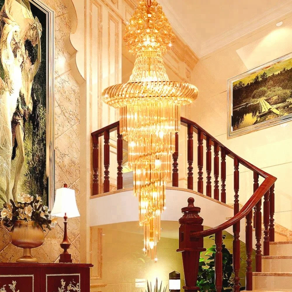 Energy Saving Light Source and Gold Empire Long Crystal Chandelier Stair Light For Villas Hotel Lobby Lighting