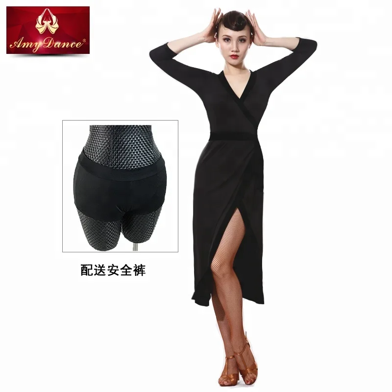 
Original design long sleeves velvet binding tie belt lady latin american dance dress with free safe of pant latin dance costume 