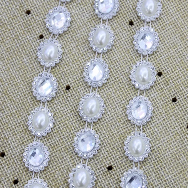 w004 Factory supply garment pearl beads plastic lace chain pearl rhinestone trim