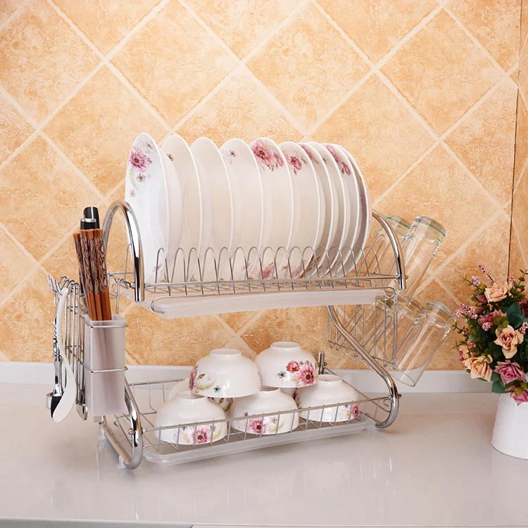 Home Kitchen Storage Rack 2 -Tiers S Type Metal Wire Wesh Drying Dish Rack