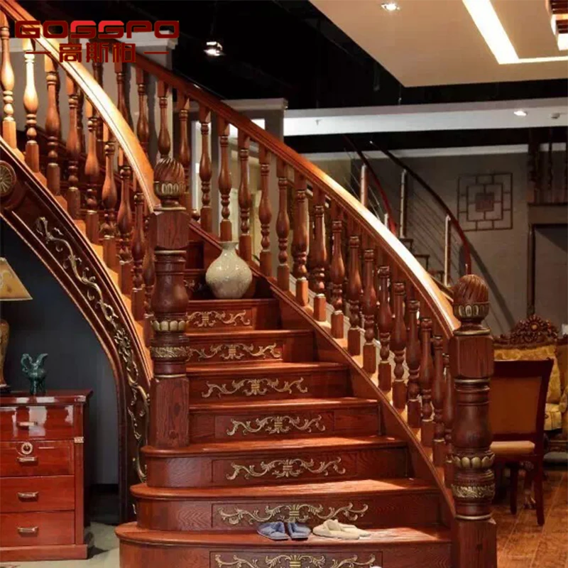 
American Red Oak Interior Antique Carved Wood Staircase 