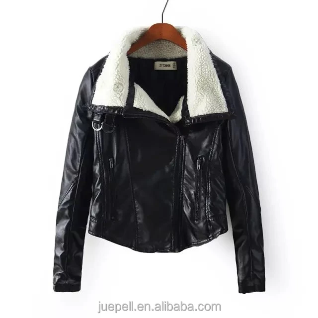 
OEM chic customized Jacket wholesale fashion women girls ladies Zippered PU Leather jacket with faux fur collar 