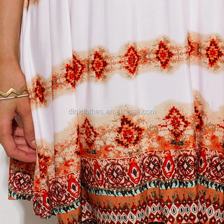 Newest Women Dresses Wholesale Red White Multicolor Abstract Ethnic Print Indian Collar Tunic Boho Mini Dress