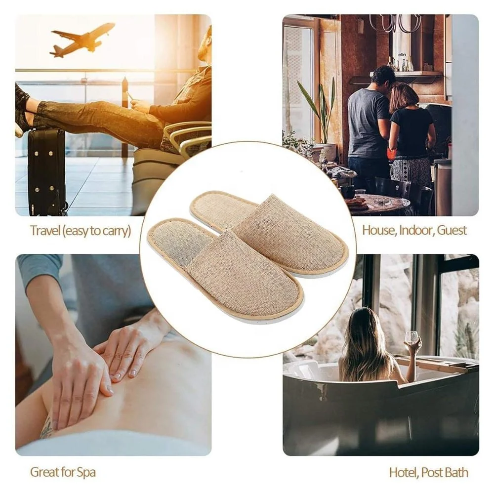 Одноразовые биоразлагаемые экологически чистые тапочки из хлопка и льна коричневого цвета с закрытым носком для спа-отелей