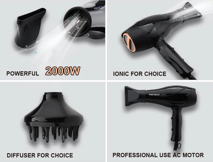 PRITECH Multi-functional Professional Electric Salon Ionic Hair Blow Dryer Plastic AC Motor 2 Speed & 3 Heating,with EMC Edition