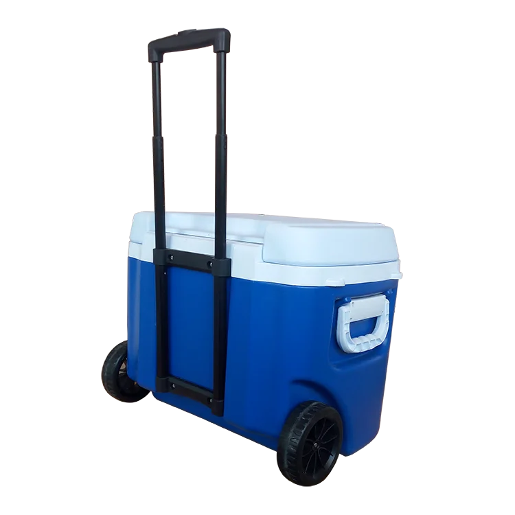 Plastic camping cooler box with wheels, keep foods fresh cooling box, barbecue foods storage