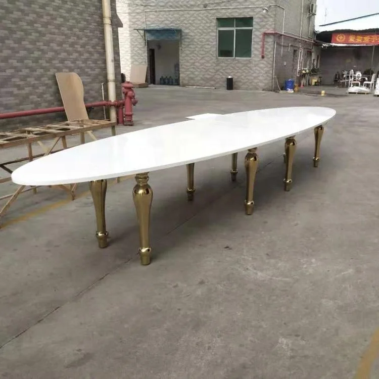 Big Oval Golden Table MDF White Top for 20 People wedding table furniture