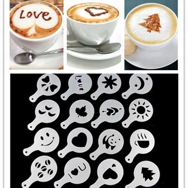 Set of 16pcs Cappuccino Coffee Foam Latte Art Stencils Barista Decorating Stencils Mold