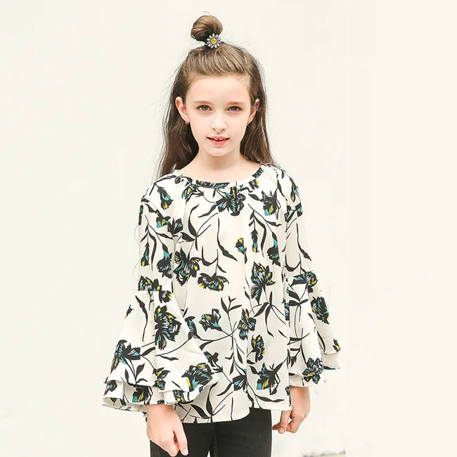 Kids & Teenager Girls Clothes Flower Print Big Flare Long Sleeve Spring Chiffon Blouse Children Fashion Tops