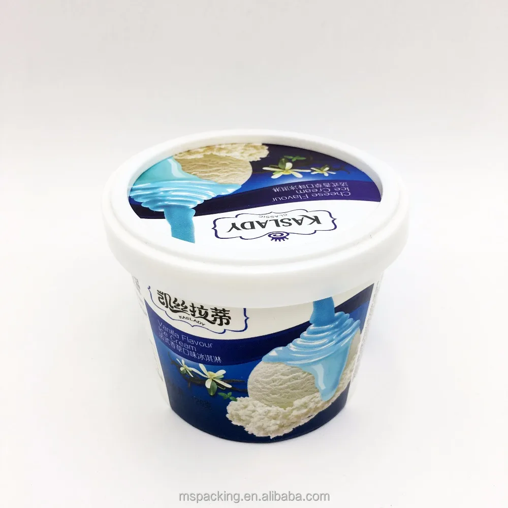 Custom design disposable ice cream paper cups and plastic lids company brand logo printed paper ice cream cup with lid and spoon