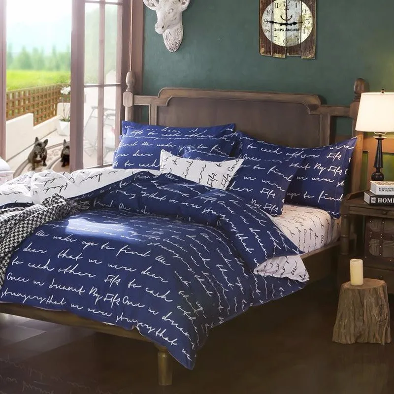 Whole Home Textile Duvet Cover Blue Love Letter Printed Cotton Whole Home Textile Duvet Cover Blue Love Letter Printed Cotton Bedding Set Single Double King Quilt Bed Sheet Pillowcase Covers