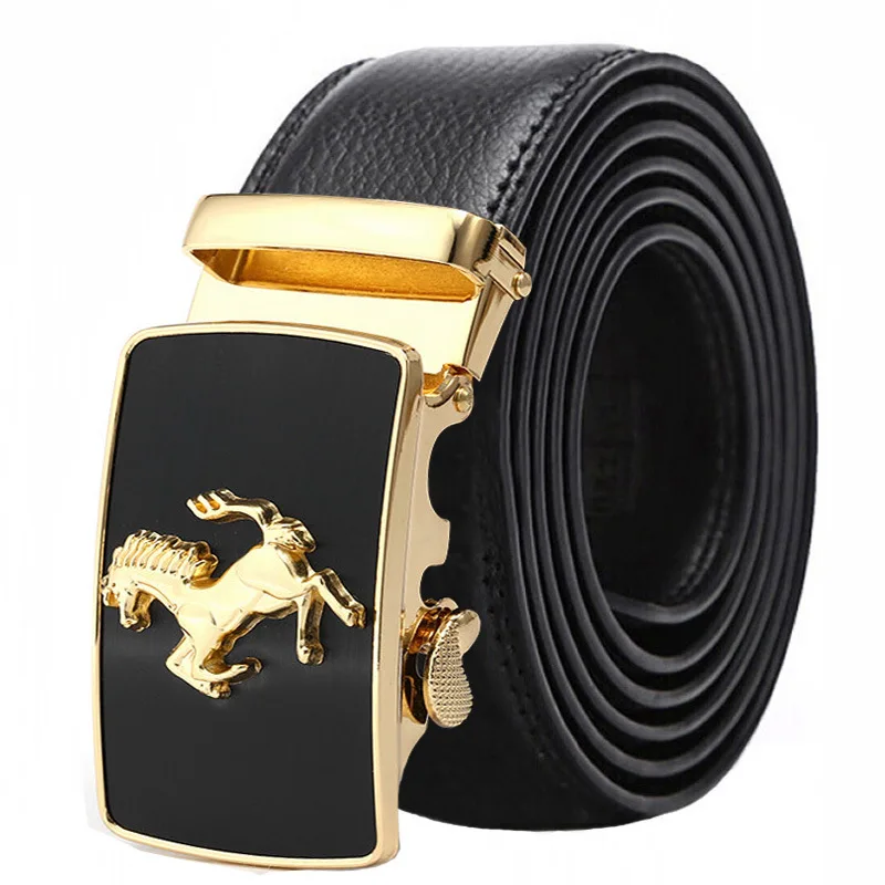 3.5cm width high quality 3D engraved running horse logo easy clip removable automatic buckle custom belt genuine leather