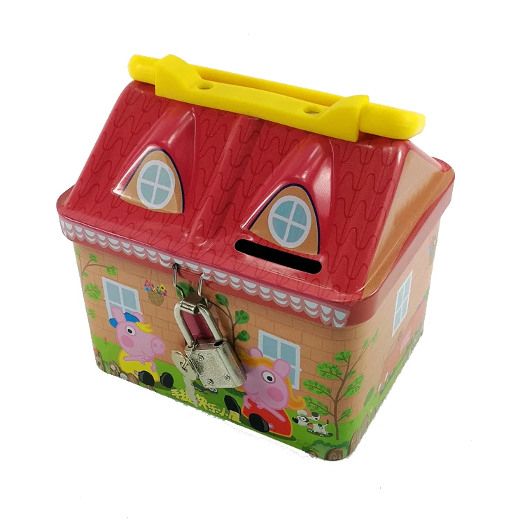 Color Graphic Metal House Shape Children Holiday Promotion Gift Money Saving Tin Box