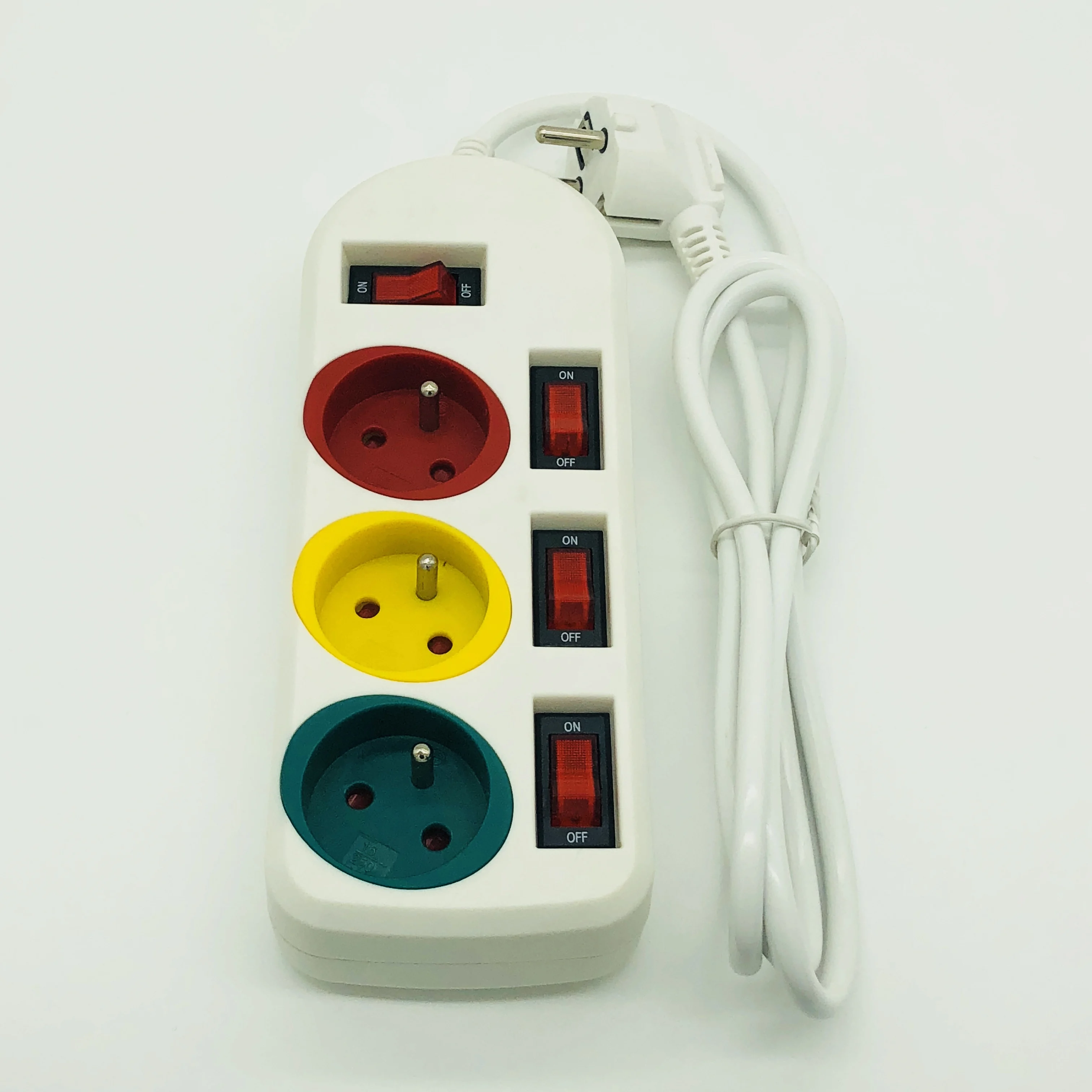 French Type 3 Outlets  Pop Colorful Power Strip  Extension Plug Socket with Individual Switches with CE