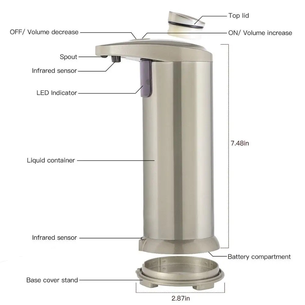
Free touch adjustable Stainless steel Liquid smart automatic hand sanitizer sensor soap dispenser with CE Rohs 