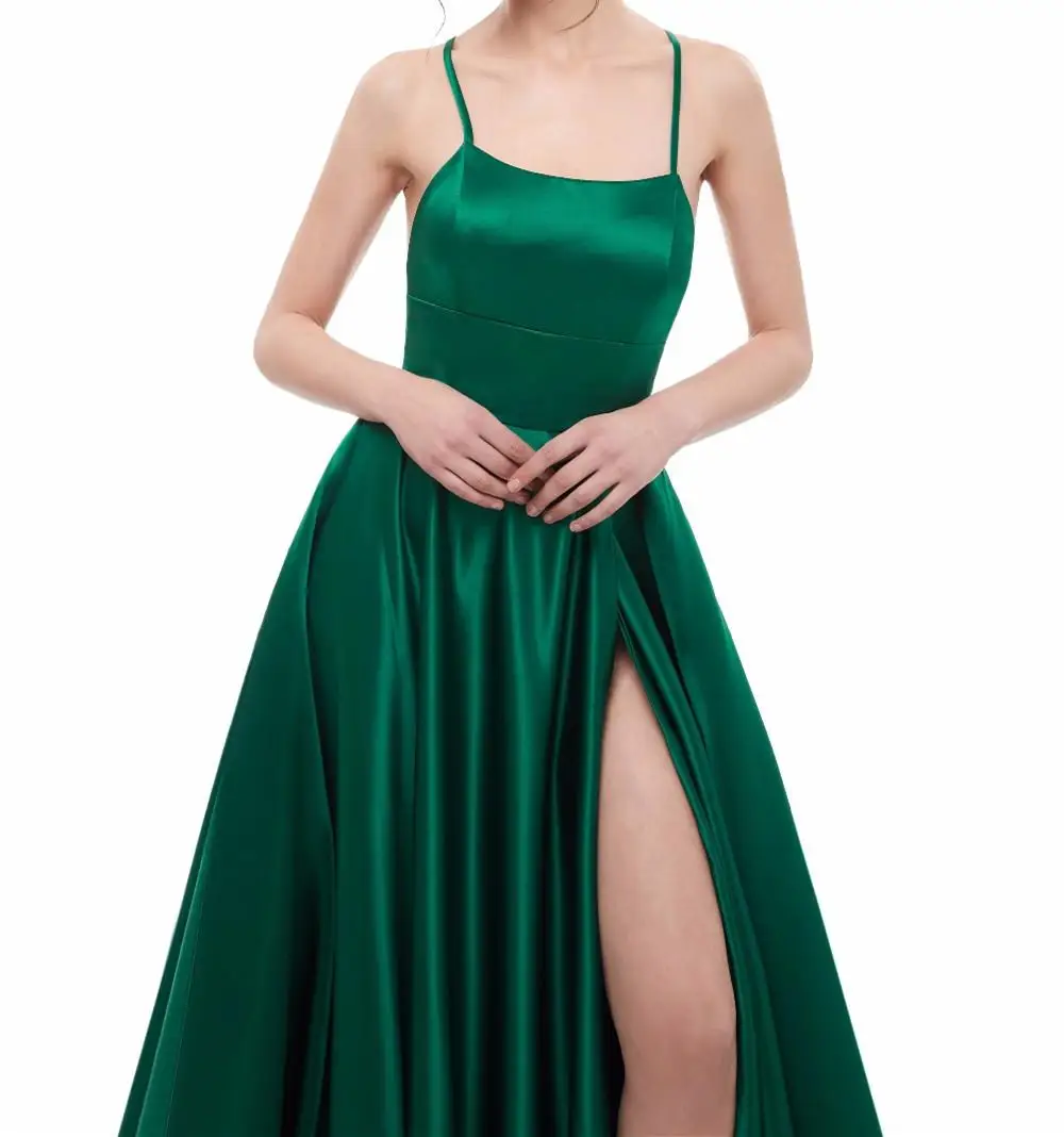 
Formal Satin Pleat Spaghetti Straps Side Split aline floor-length robe de soiree 2018 