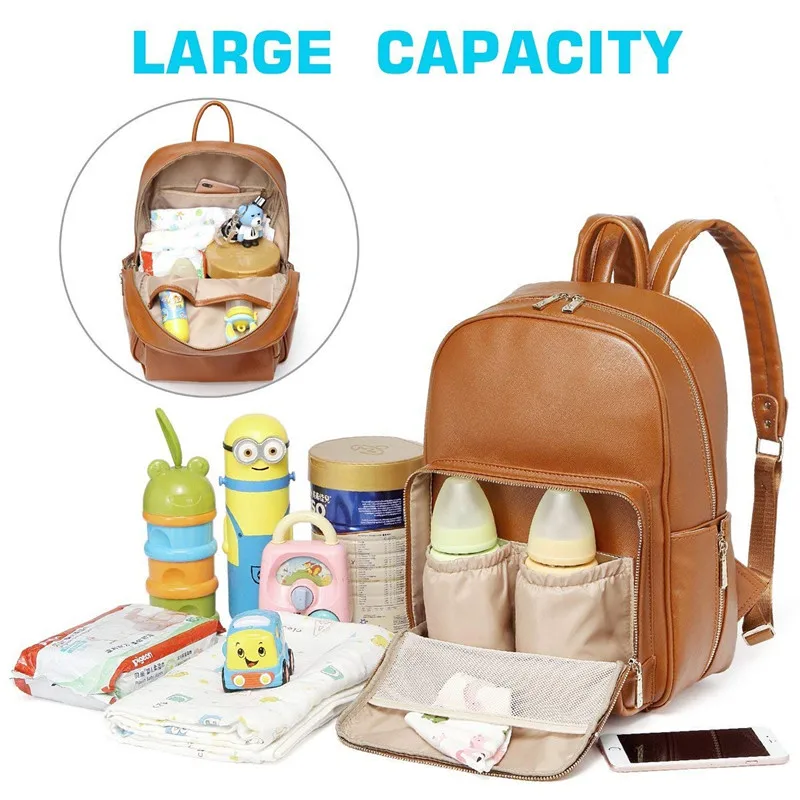 Custom logo Vegan  Leather Diaper Bag Backpack Nappy Bag Baby Bags for Mom