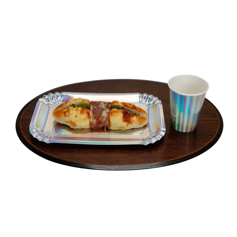 Classical Hot Sell  Disposable 400 gsm  10.5 inch Rectangle  Rainbow Silver Foil Paper Plates