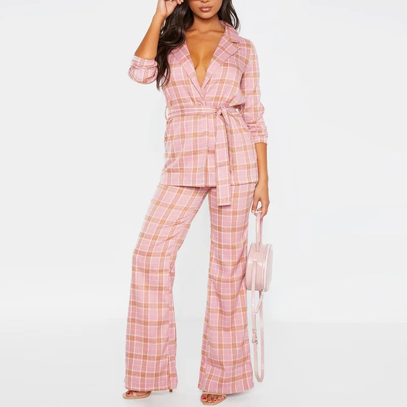 Spring Fall Plaid  Two Piece Set Long Sleeve Waist Tie  Blazer Ladies Flare Checked Pants Office  Woman