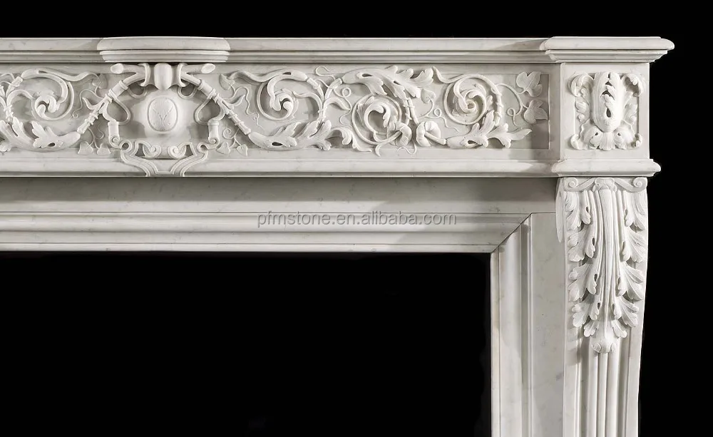 A large French Louis XVI style antique decorative Carrara white Marble fireplace mantel